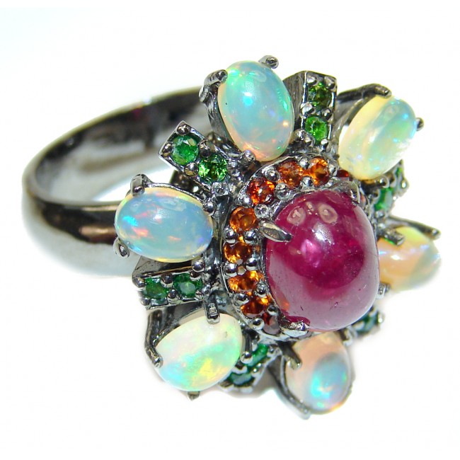 Valentina Genuine Ruby Opal black rhodium over .925 Sterling Silver handcrafted Statement Ring size 8