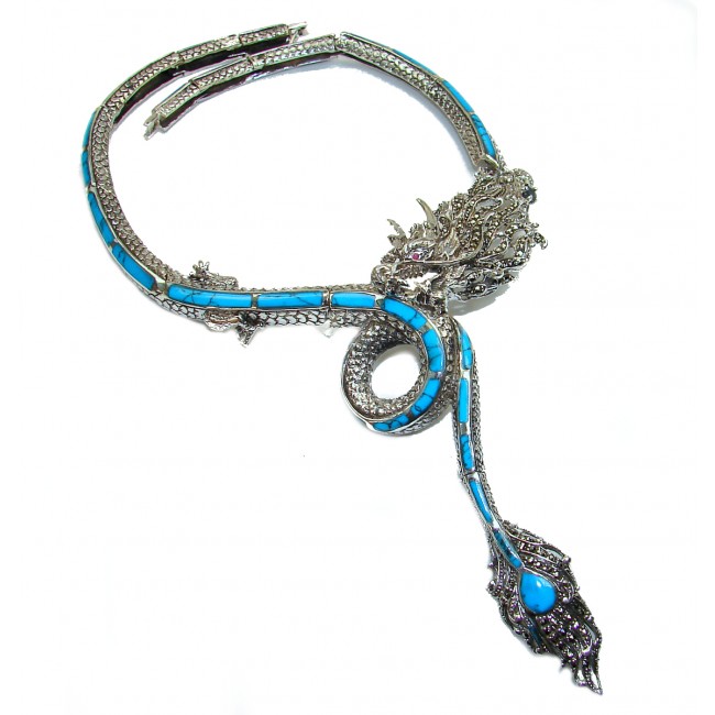 MASSIVE Dragon Amazing Genuine inly Turquoise Marcasite .925 Sterling Silver handmade handcrafted Necklace