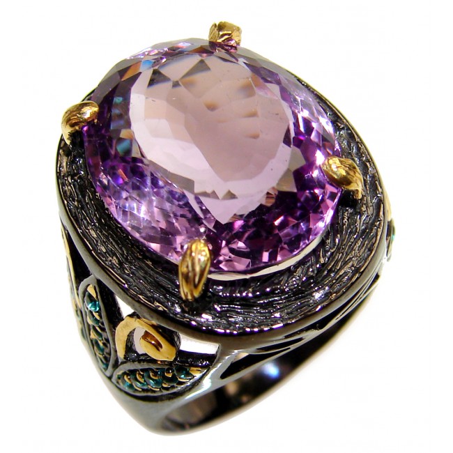 Large genuine Amethyst black rhodium over .925 Sterling Silver handcrafted Ring size 9