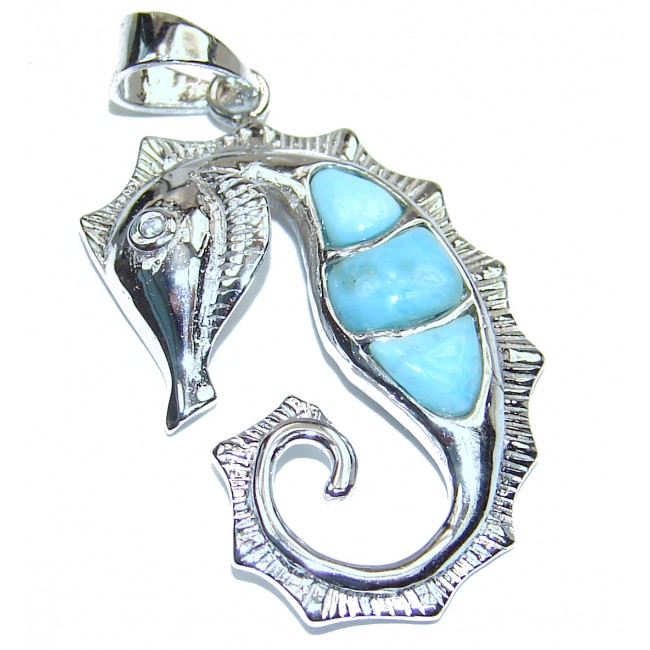 Seahorse inlay Larimar from Dominican Republic .925 Sterling Silver handmade pendant