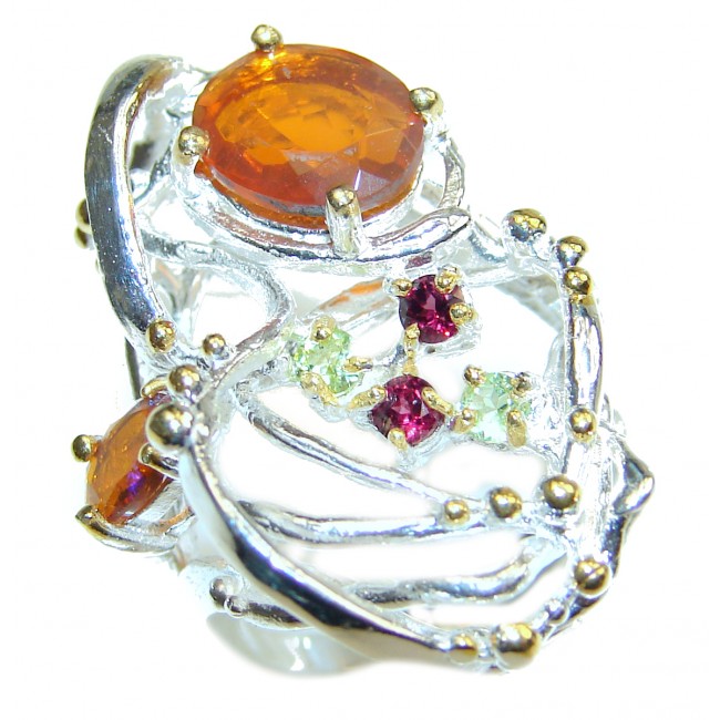Golden Flames Genuine Mexican Opal .925 Sterling Silver handmade HUGE Ring size 6 1/4