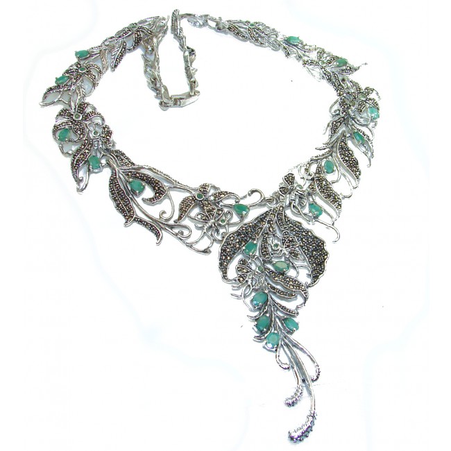 Magnificent Jewel authentic Emerald Marcasite .925 Sterling Silver handcrafted necklace