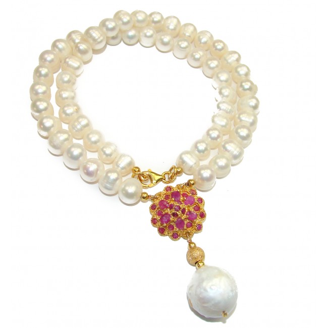 Tsarists heirloom Pearl & Natural Ruby 14K Gold over .925 Sterling Silver handmade Necklace