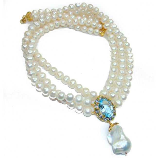 Tsarist heirloom Pearl & Natural Swiss Blue Topaz 14K Gold over .925 Sterling Silver handmade Necklace