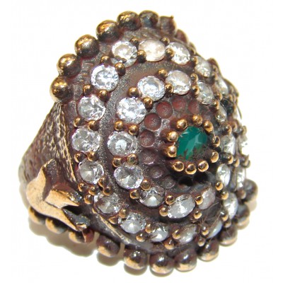Victorian Style created Emerald & White Topaz Copper over Sterling Silver ring; s. 6 3/4