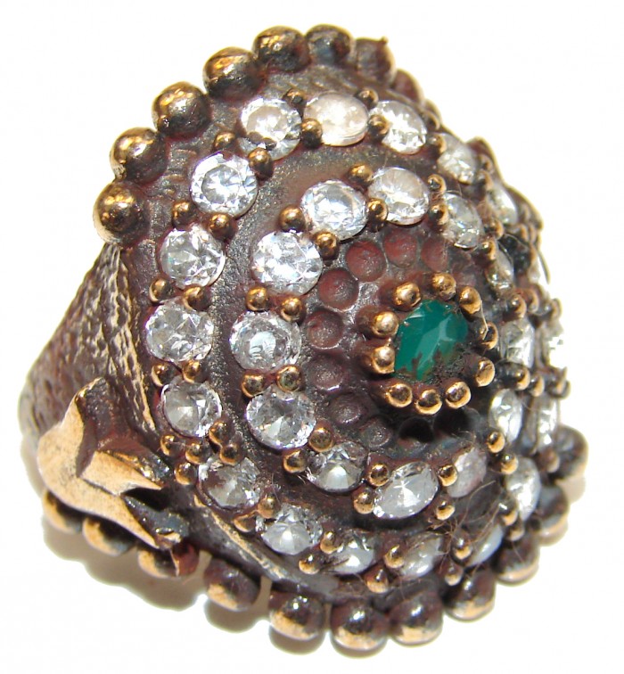Victorian Style created Emerald & White Topaz Copper over Sterling Silver ring; s. 6 3/4
