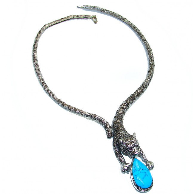 Panther Genuine Turquoise Marcasite .925 Sterling Silver handmade handcrafted Necklace