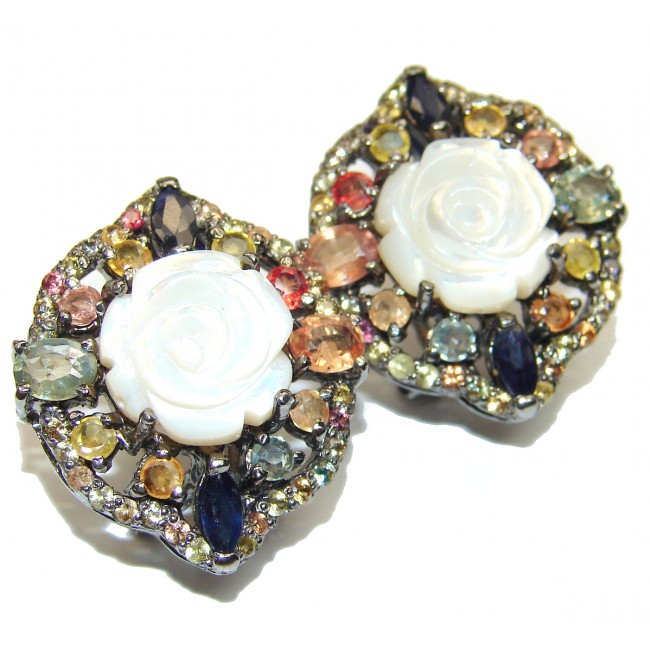 White Flower Blister Pearl black rhodium over .925 Sterling Silver stud earrings
