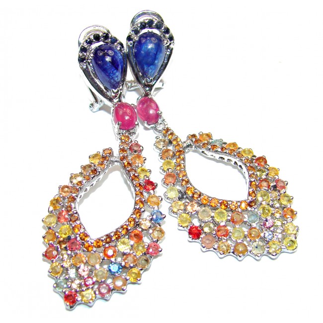 Large Incredible quality Authentic multicolor Sapphire .925 Sterling Silver handmade earrings