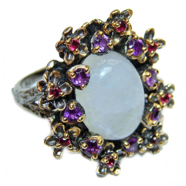 Special Fire Moonstone 14K Gold rhodium over .925 Sterling Silver handmade ring s. 8 1/4