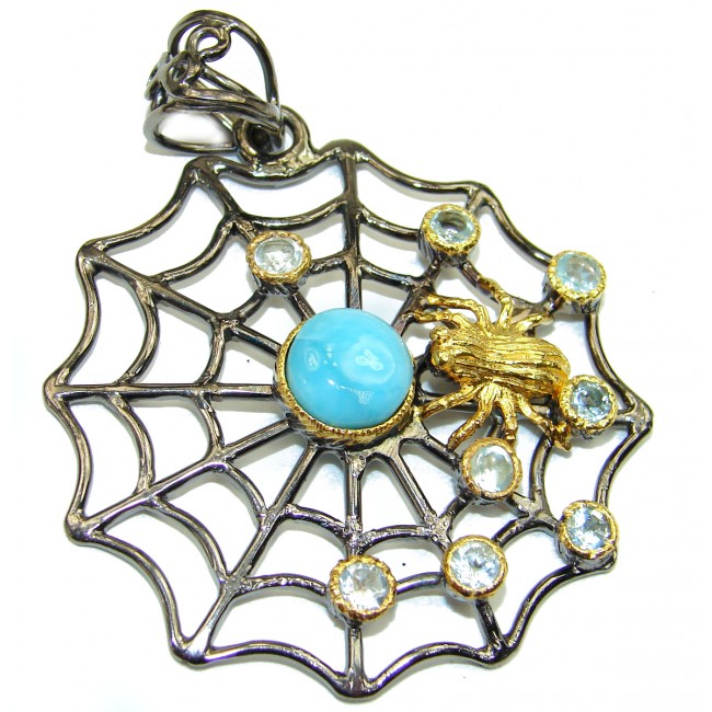 Large Spider Web Larimar from Dominican Republic .925 Sterling Silver handmade Huge pendant