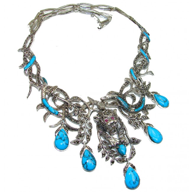 HUGE authentic Turquoise Marcasite Leopard .925 Sterling Silver handcrafted necklace