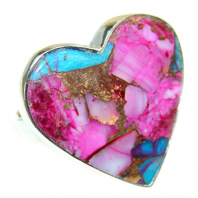My Heart Pink Oyster Turquoise .925 Sterling Silver handcrafted ring; s. 7 adjustable