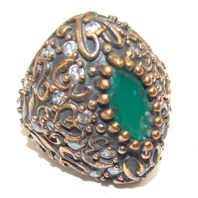Victorian Style created Emerald & White Topaz Copper over Sterling Silver ring; s. 5 1/4