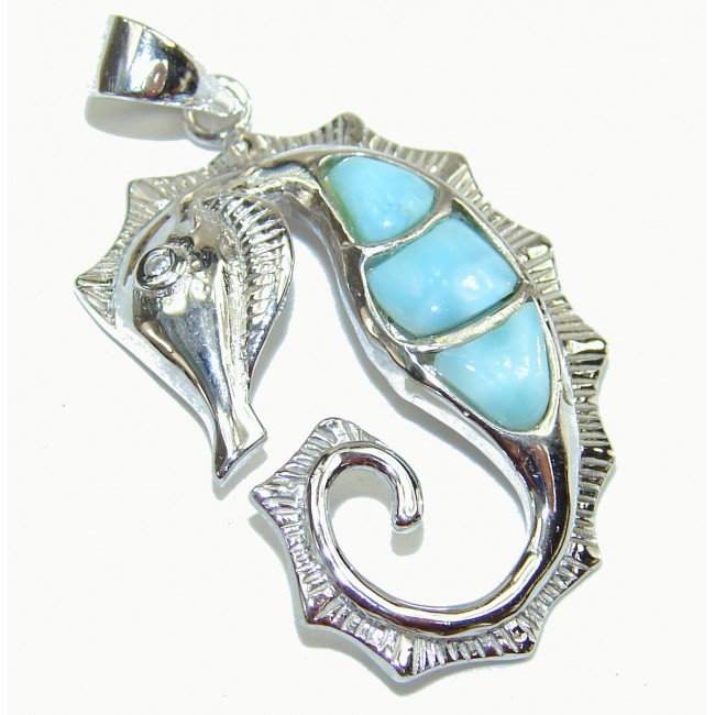 Seahorse inlay Larimar from Dominican Republic .925 Sterling Silver handmade pendant