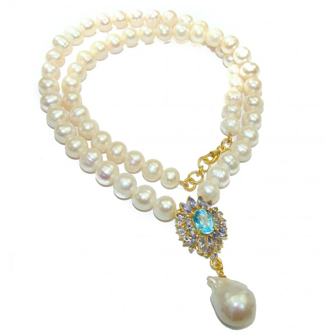 Tsarists heirloom Pearl & Natural Swiss Blue Topaz 14K Gold over .925 Sterling Silver handmade Necklace
