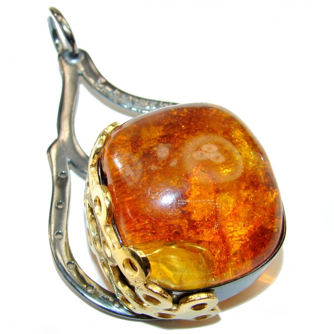 Ancient Treasure Natural Baltic Amber 2 tones .925 Sterling Silver handmade HUGE Pendant