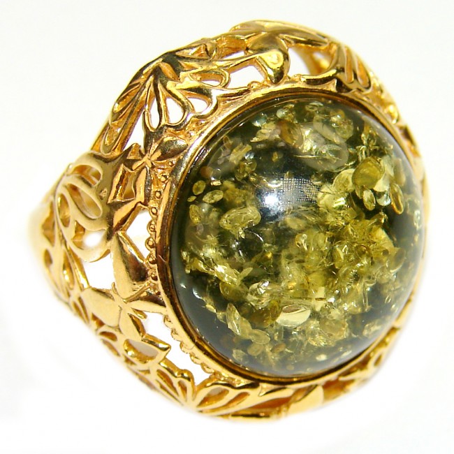 Authentic Green Baltic Amber 14K Gold over .925 Sterling Silver handcrafted ring; s. 7 1/4