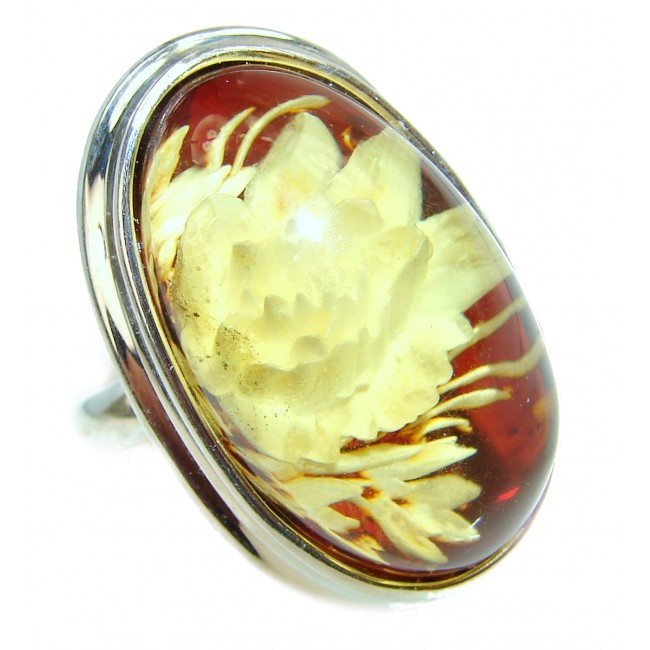 Beautiful Authentic carved Baltic Amber .925 Sterling Silver handcrafted ring; s. 6 1/4 adjustable