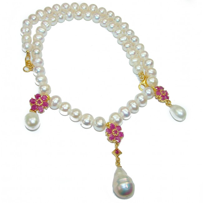 Tsarist heirloom Pearl & Ruby 14K Gold over .925 Sterling Silver handmade Necklace