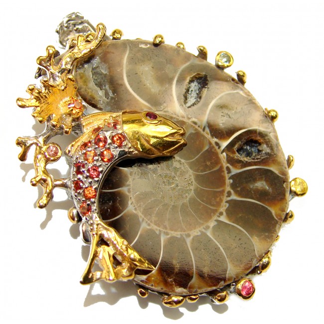 Golden Fish Ammonite 18K Gold over .925 Sterling Silver handcrafted pendant
