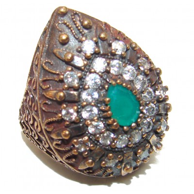 Victorian Style created Emerald & White Topaz Copper over Sterling Silver ring; s. 6