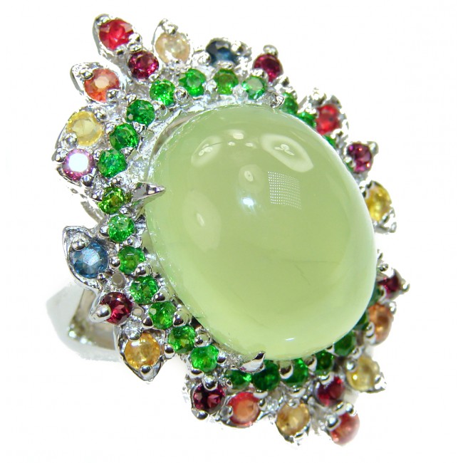 Spectacular Large 85.5CARAT Natural Prehnite multicolor Sapphire .925 Sterling Silver handmade ring s. 9