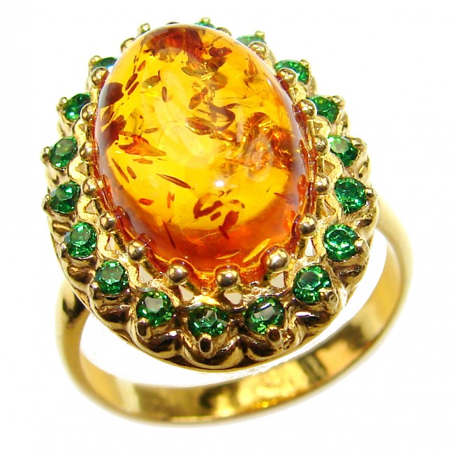 Best quality Baltic Amber Chrome Diopside 14K Gold over .925 Sterling Silver handmade Ring size 8
