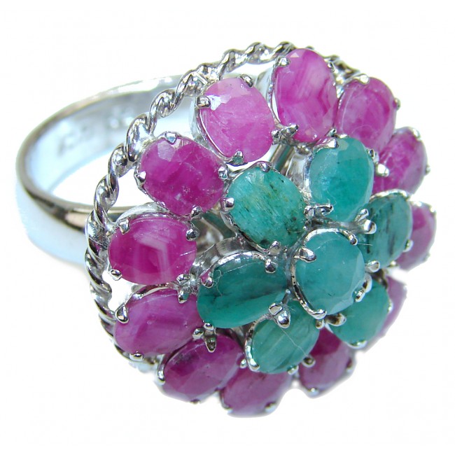 Genuine Emerald Ruby .925 Sterling Silver handcrafted Statement Ring size 8