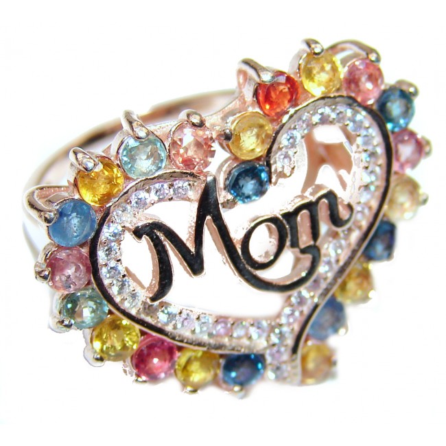 MOM'S HEART Genuine multicolor Sapphire .925 Sterling Silver handcrafted Statement Ring size 8 1/4
