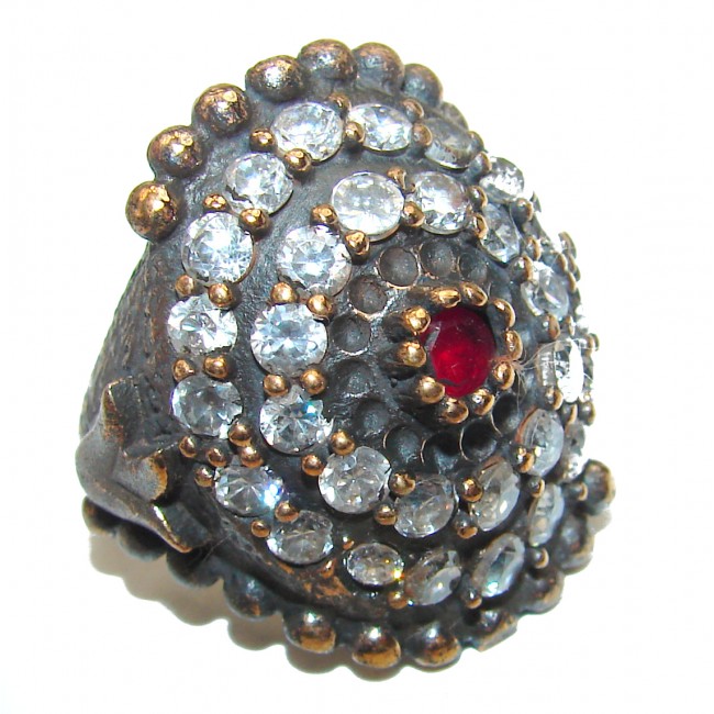 Victorian Style created Ruby & White Topaz Copper over Sterling Silver ring; s. 6 3/4