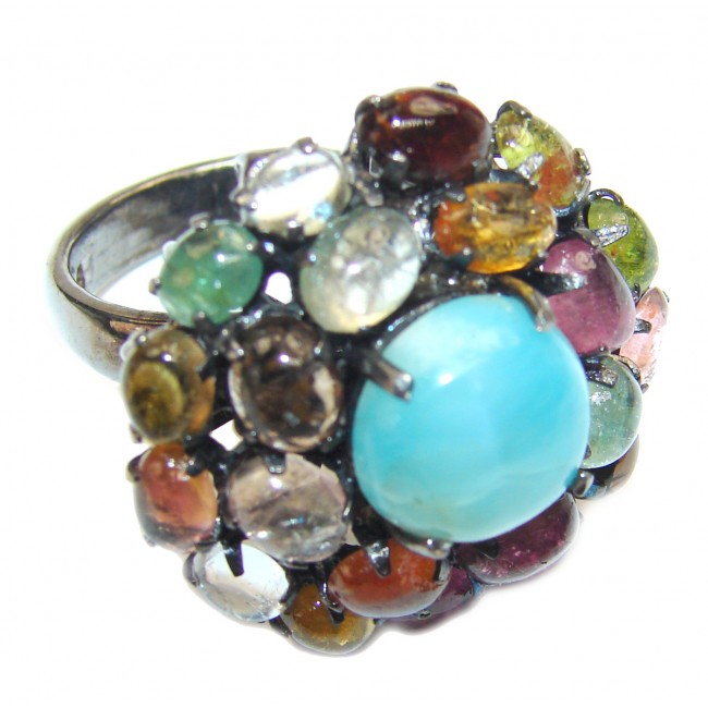 Natural Larimar Tourmaline black rhodium .925 Sterling Silver handcrafted Ring s. 7 3/4