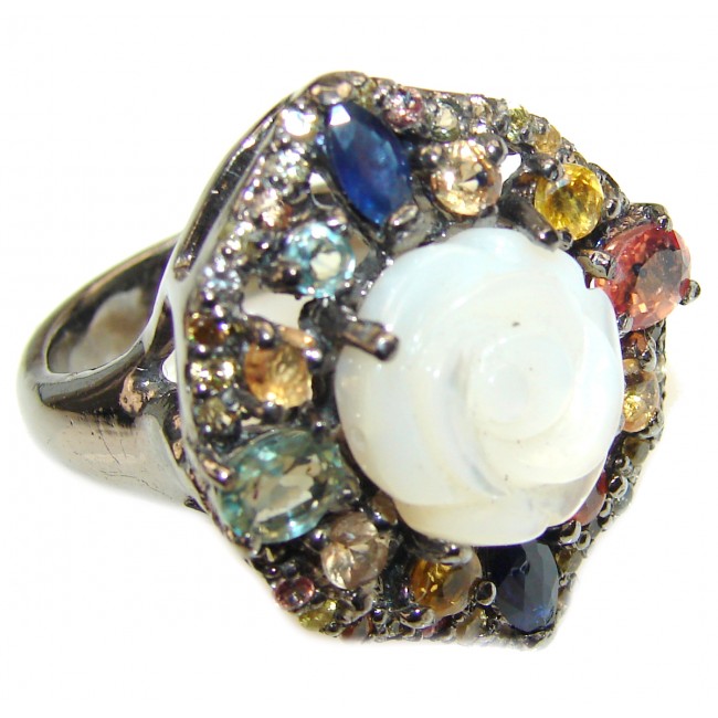 White Flower Blister Pearl black rhodium over .925 Sterling Silver handmade ring size 9