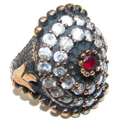 Victorian Style created Ruby & White Topaz Copper over Sterling Silver ring; s. 6 3/4