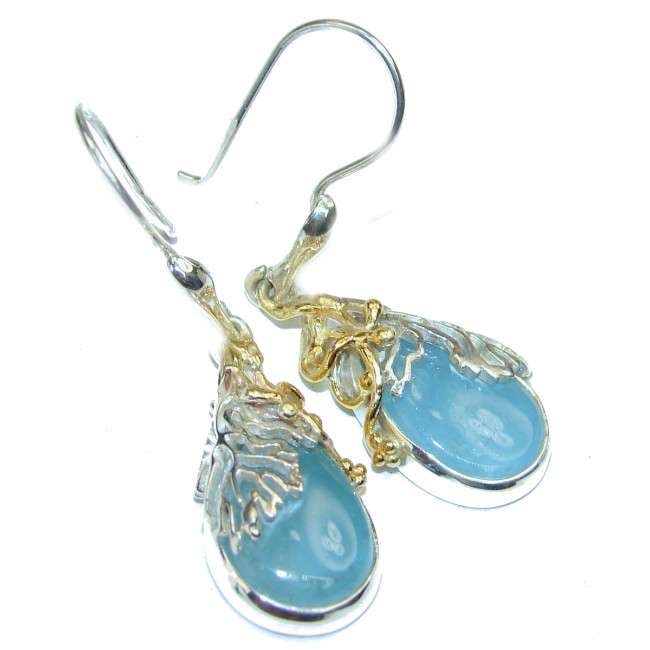 Fancy Style genuine Aquamarine 2 tones .925 Sterling Silver handmade earrings