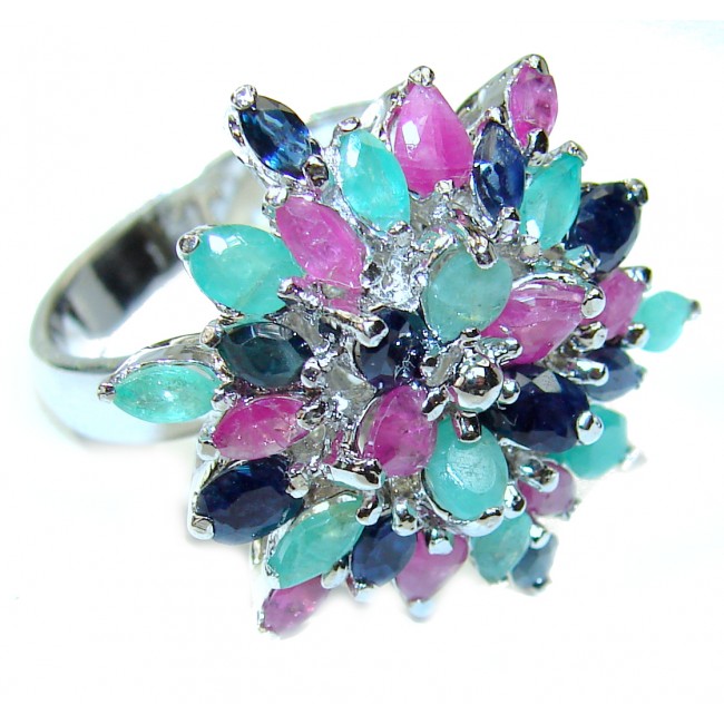 Genuine Ruby Emerald Sapphire .925 Sterling Silver handcrafted Statement Ring size 7 1/2