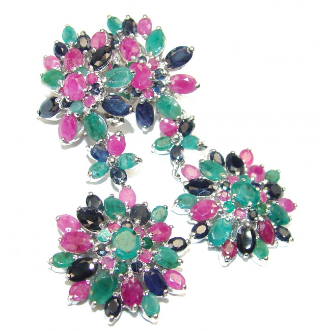 Genuine Emerald Ruby Sapphire .925 Sterling Silver handmade LARGE earrings
