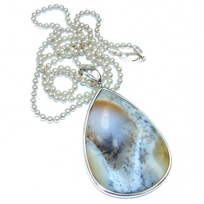 Oversized genuine Dendritic Agate .925 Sterling Silver handcrafted 30 inches long necklace