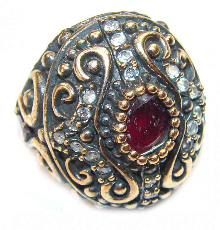 Victorian Style created Ruby & White Topaz Copper over Sterling Silver ring; s. 7