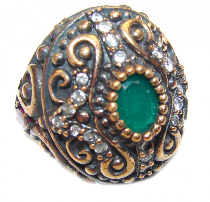 Victorian Style created Emerald & White Topaz Copper over Sterling Silver ring; s. 6 3/4