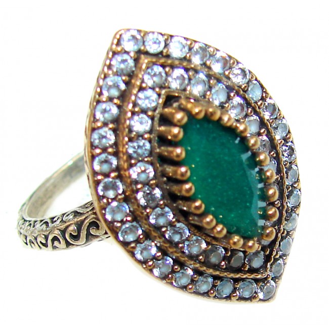 Victorian Style Emerald & White Topaz Copper over Sterling Silver ring; s. 8
