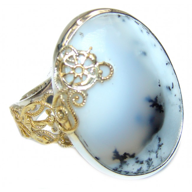 Top Quality Dendritic Agate 2 tones .925 Sterling Silver hancrafted Ring s. 8 adjustable