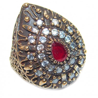 Victorian Style created Ruby & White Topaz Copper over Sterling Silver ring; s. 6
