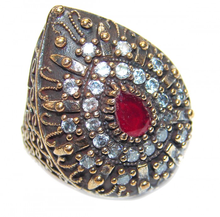 Victorian Style created Ruby & White Topaz Copper over Sterling Silver ring; s. 6