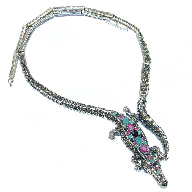 MASSIVE Alligator Genuine Ruby Emerald Marcasite .925 Sterling Silver handmade handcrafted Necklace