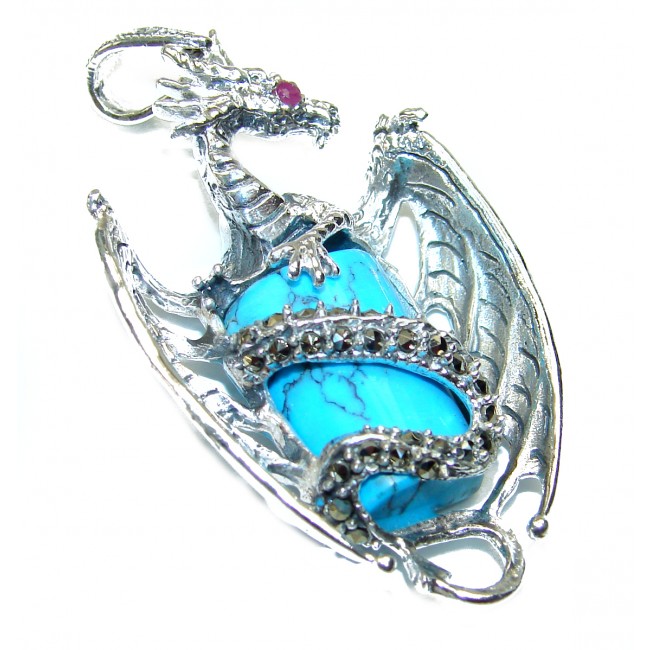Spectacular Gothic Dragon Blue Turquoise .925 Sterling Silver handmade pendant