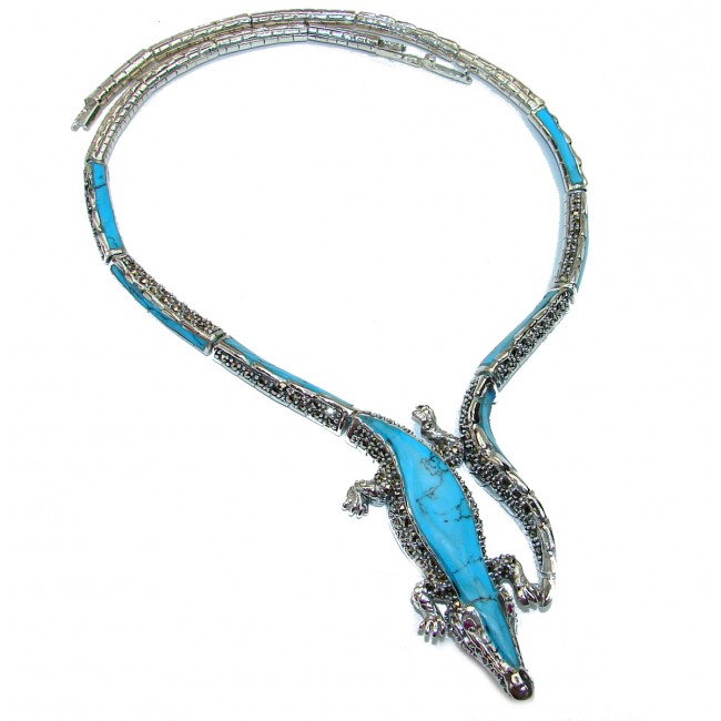 MASSIVE Alligator Genuine Turquoise Marcasite .925 Sterling Silver handmade handcrafted Necklace