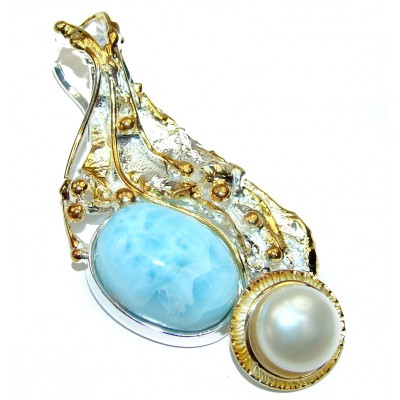 Luxurious Larimar from Dominican Republic 18K Gold ocver .925 Sterling Silver handmade pendant