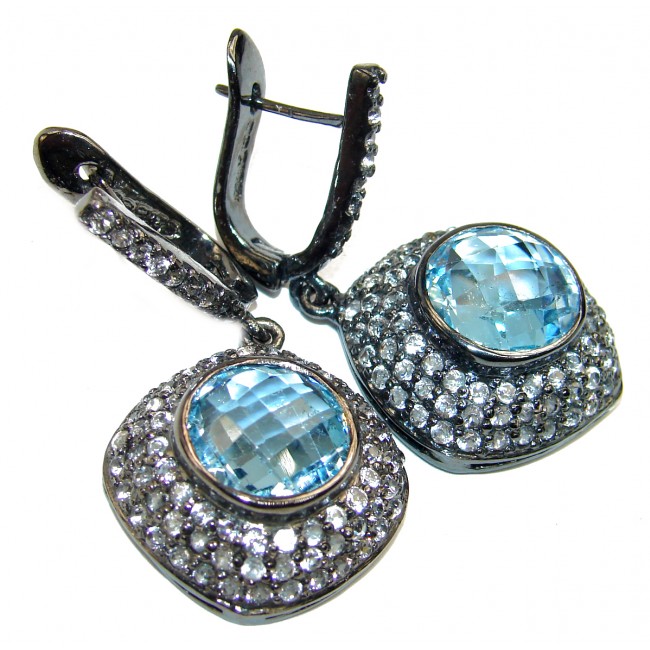 Great Swiss Blue Topaz Aquamarine black rhdium over .925 Sterling Silver handcrafted earrings