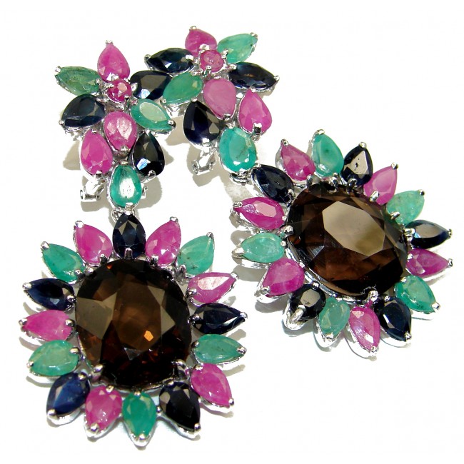Incredible Smoky Topaz Ruby Emerald Sapphire .925 Sterling Silver HUGE earrings